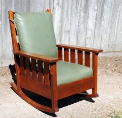 Gustav Stickley large rocker with slats & back cushion.